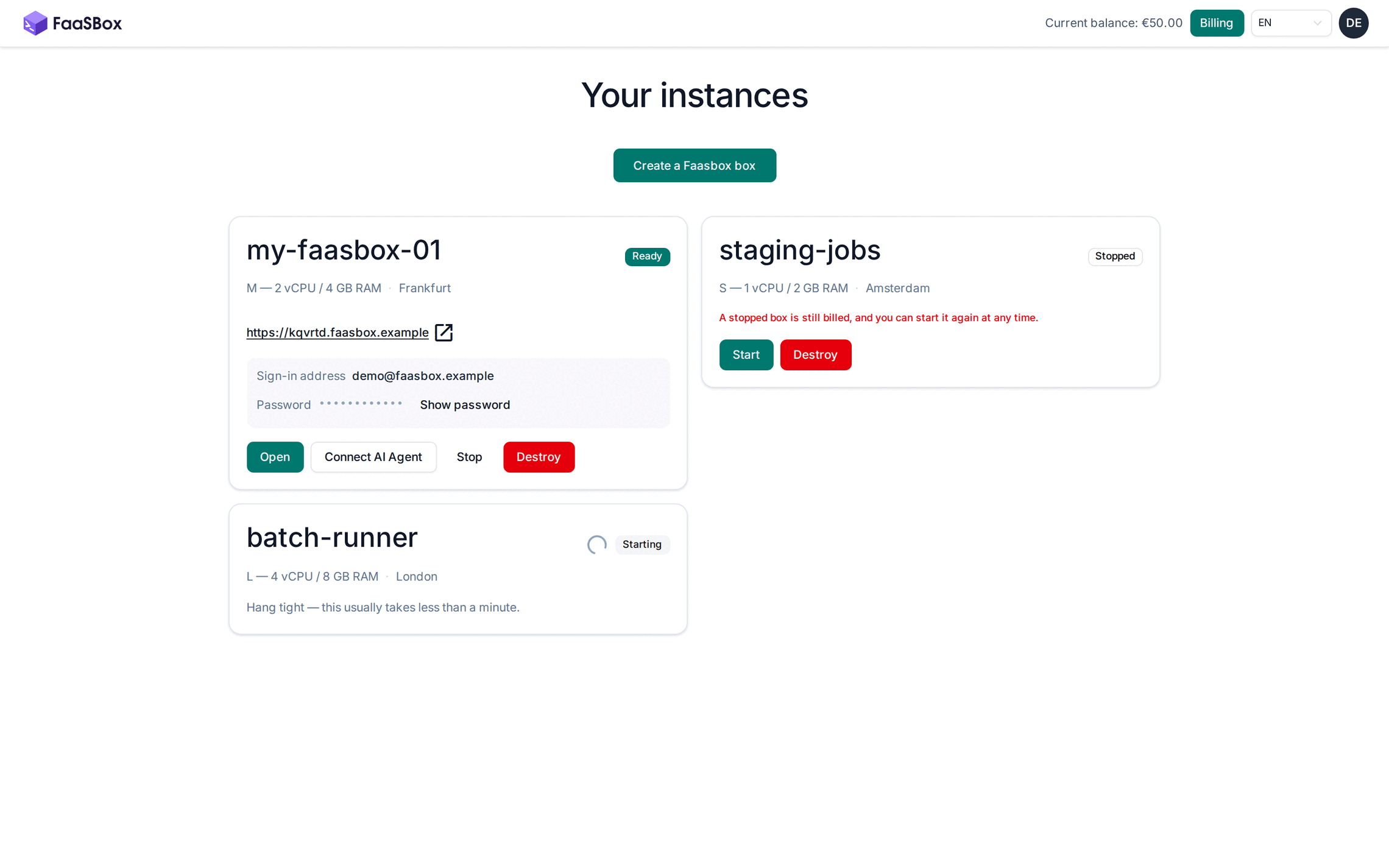 The FaaSBox Cloud console: the boxes of an account, each with its size, its region and its state.