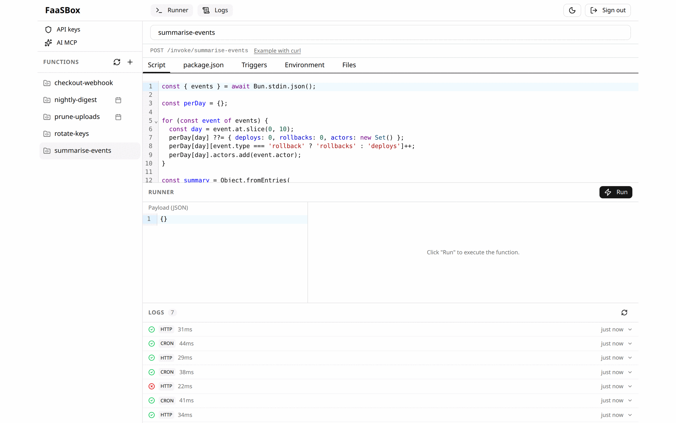 The FaaSBox editor: the function list, the tabs of a function, its code, and its execution log.