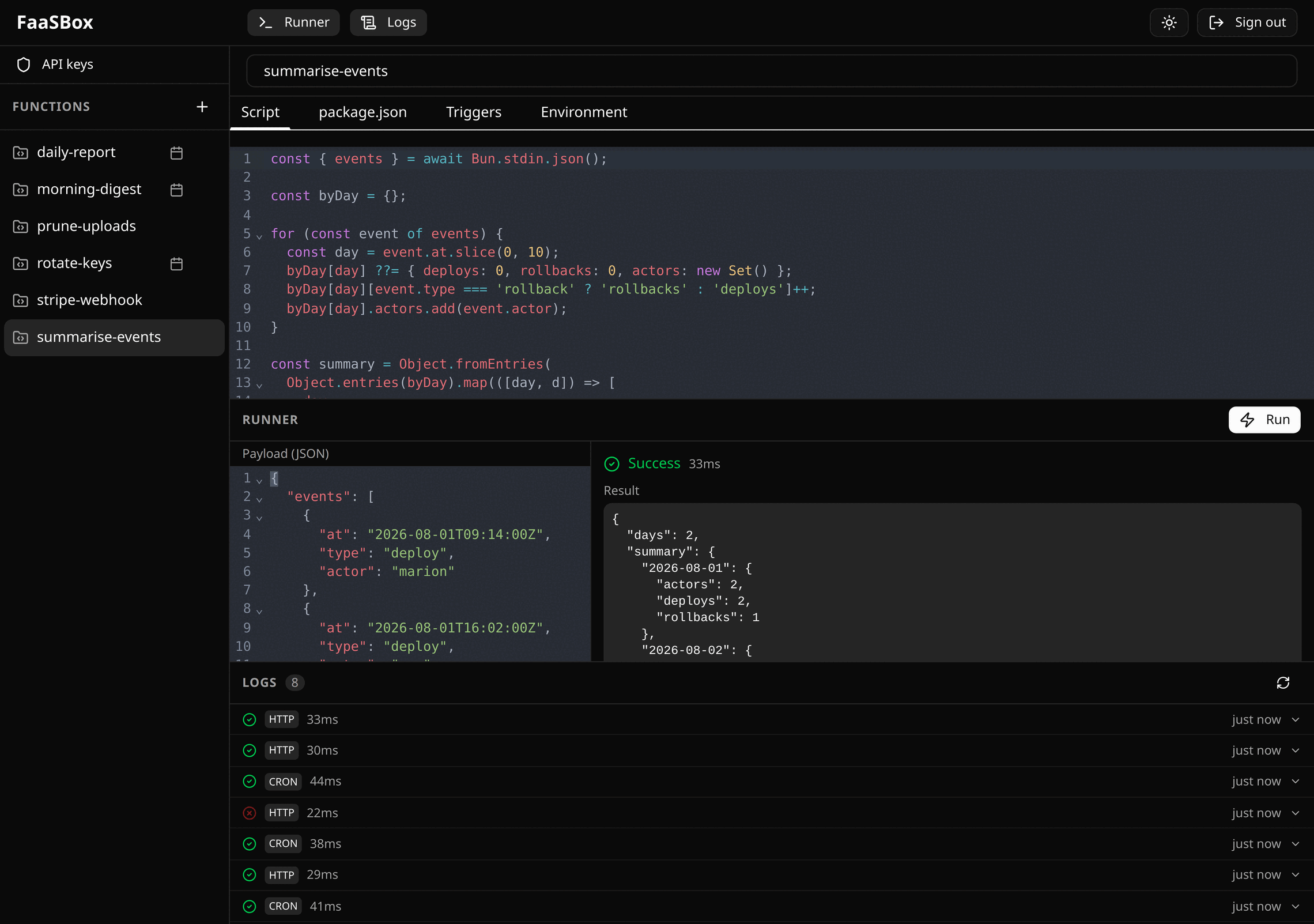The FaaSBox editor: the function list, the four tabs of a function, its code, and the runner showing a successful run