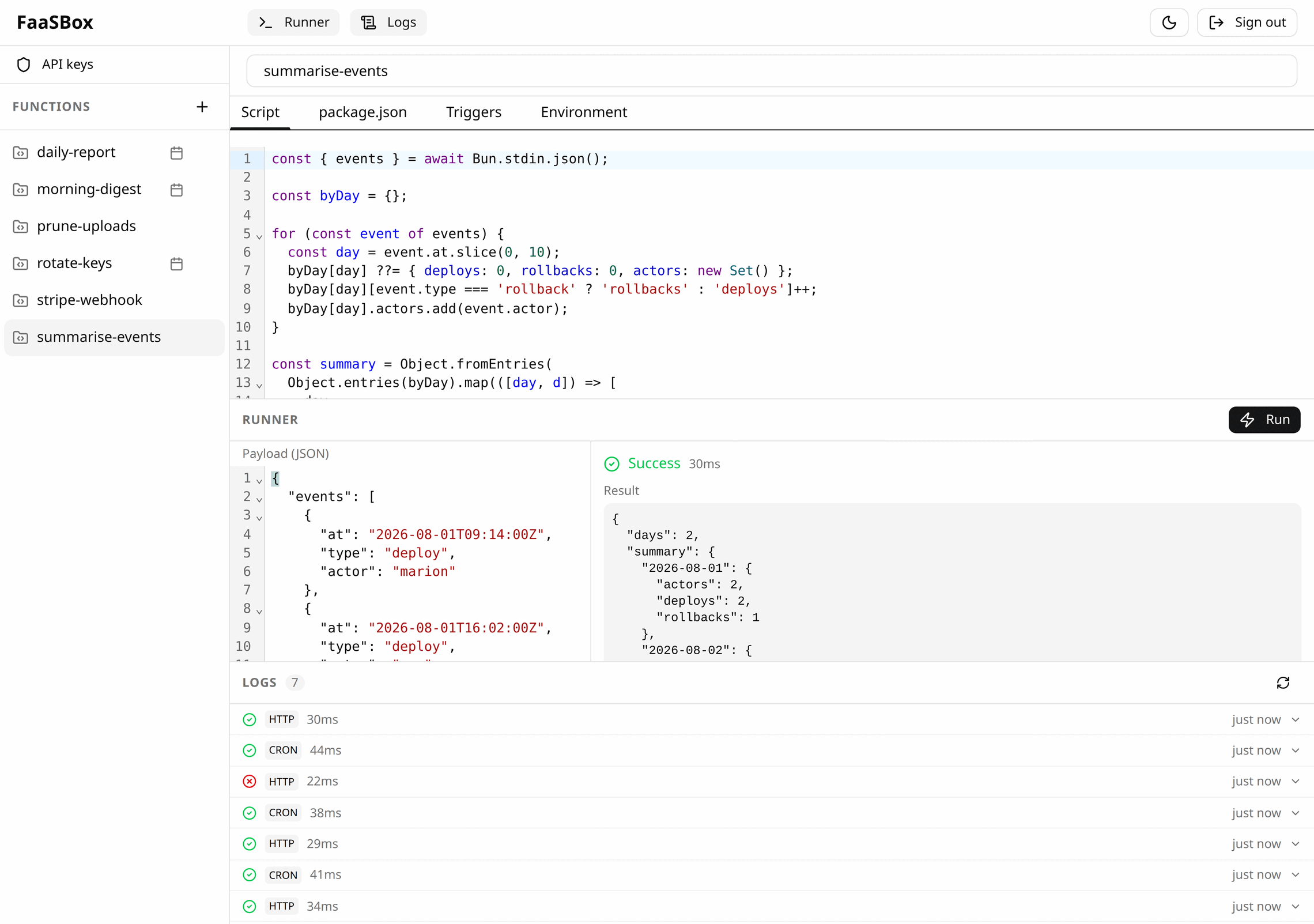 The FaaSBox editor: the function list, the four tabs of a function, its code, and the runner showing a successful run